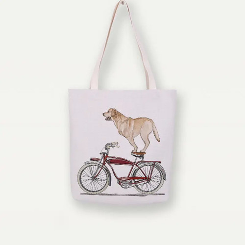 Dog On Bicycle 4 Canvas Tote Bag Handbag by Canadian Artist, Sustainable 