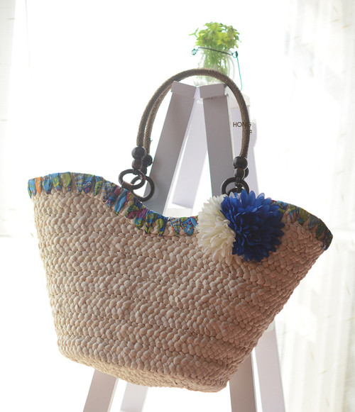 Natural Woven Straw Tote Handbag with Blue Trim