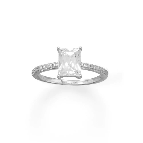 Baguette Cut CZ Ring with CZ Band Rhodium Plated Sterling Silver