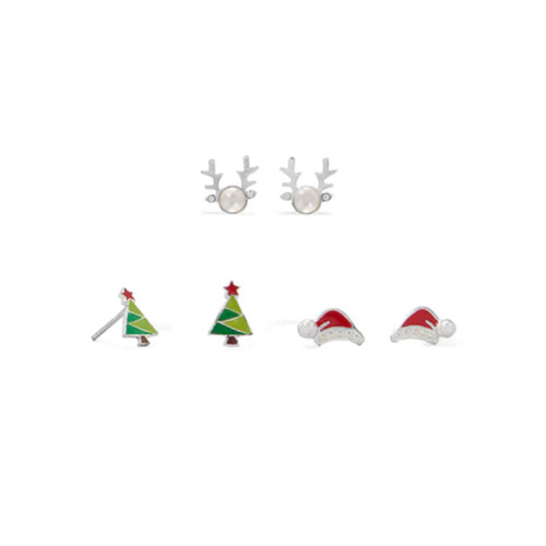 Reindeer, Santa Hat and Tree Sterling Silver Earring Set