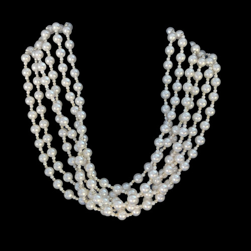 White glass pearl bead 6 strand collar necklace tiny gold tone spacers
