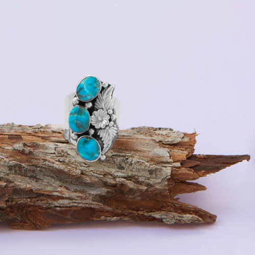 Native American Kingman Turquoise Flower Design Ring Handcrafted by Running Bear