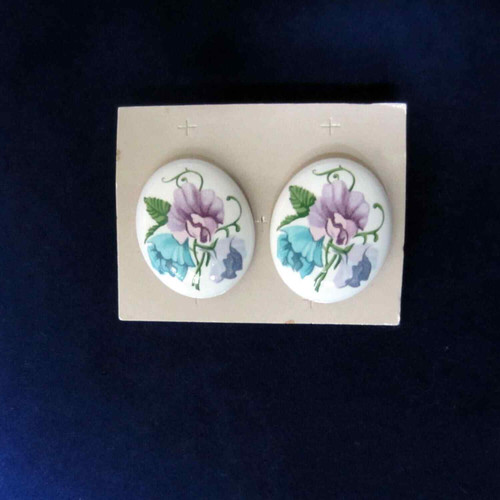 Vintage Painted Enamel Earrings Flowers on White Oval