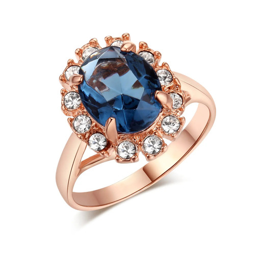 18kt Rose Gold Plated Oval Halo Blue Ring - Size 6.5