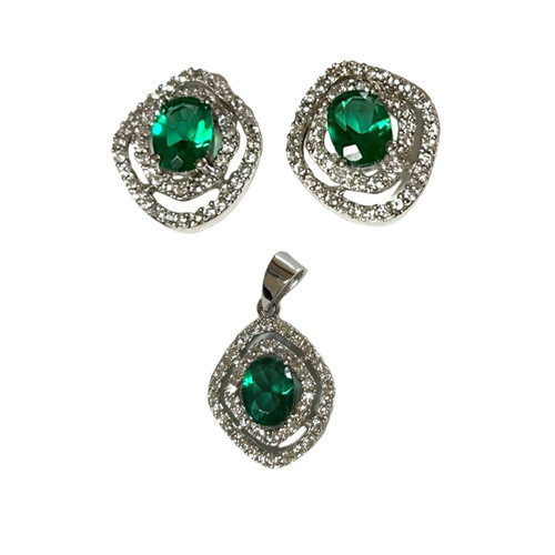 Vintage 925 Double Halo Emerald Color CZ Earrings and Pendant Set