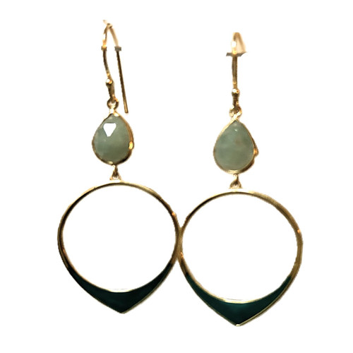 Gold-Plated Dangle Earrings with Chalcedony Stone and Green Accents