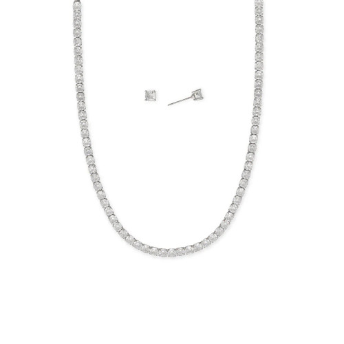 4mm CZ Tennis Necklace and 5mm CZ Earrings Silver Tone Jewelry Set