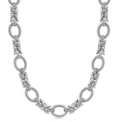 Sterling Silver  Rhodium Plated Knot Style and Textured Oval Chain Necklace 