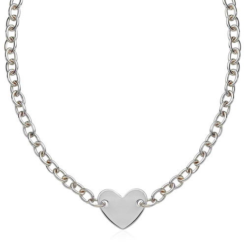 Sterling Silver Rhodium Plated Chain Bracelet with a Flat Heart Motif Station