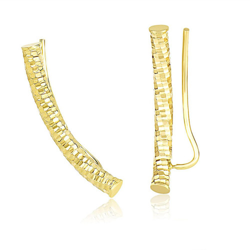 14K Yellow Gold Curved Tube Earrings with Diamond Cuts