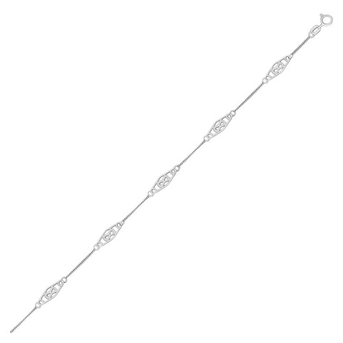 14K White Gold Anklet with Fancy Diamond Shape Filigree Stations