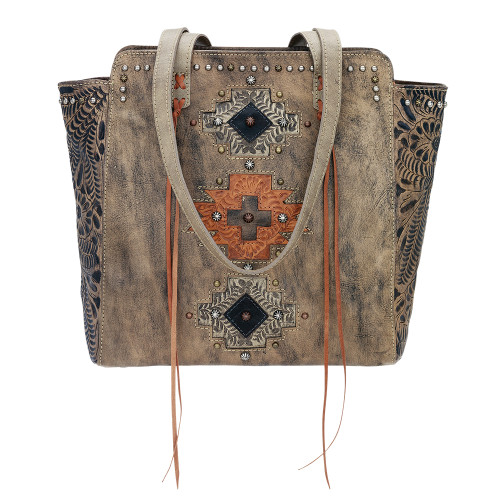 American West Navajo Soul Zip Top Tote Distressed Charcoal Brown - Sand, Harvest Tan, Chocolate Brown Accents