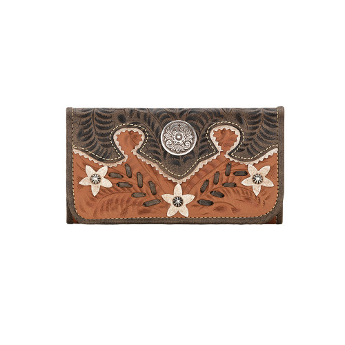 American West Desert Wildflower Hand-Tooled Tri-Fold Wallet Golden Tan - Floral Design