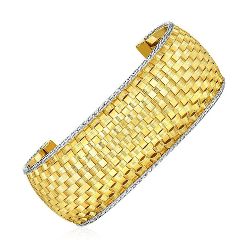 Wide Cuff Bangle with Basket Weave Texture in 14K Yellow and White Gold