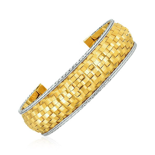 Cuff Bangle with Basket Weave Texture in 14K Yellow and White Gold