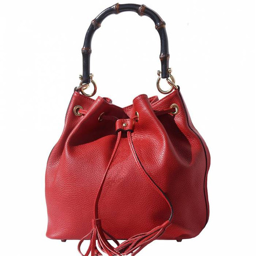 Florence Leather Market Womens Italian Pebbled Leather Bucket Bag Bamboo Handle - Red