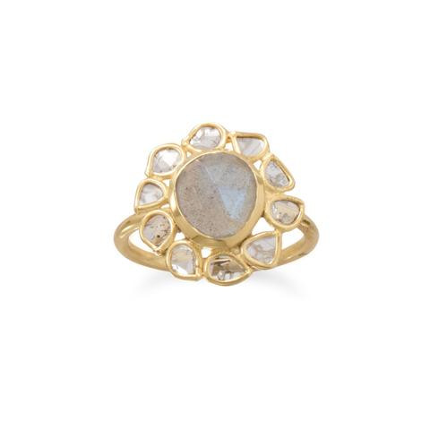 Polki Diamond and Labradorite Womens Ring 14 Karat Gold Plated
