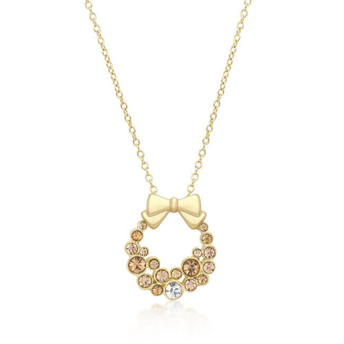 Holiday Wreath Champagne Crystal Pendant Necklace 18k Gold Plated