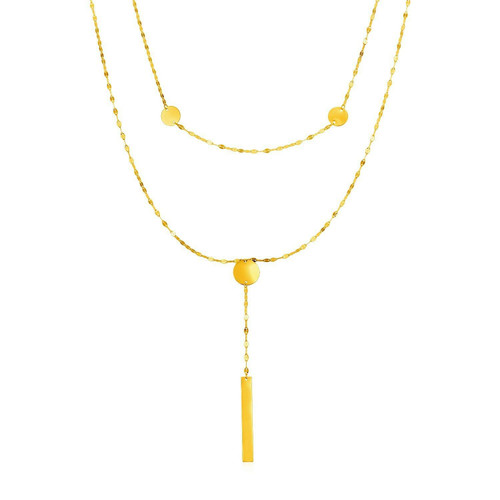 14k Yellow Gold Two Strand Necklace with Polished Circles and Bar Drop 