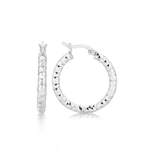 Polished Faceted Hoop Earrings in Rhodium Plated Sterling Silver