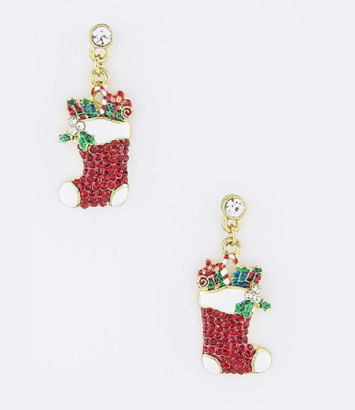 Gold Plated Red Crystal Christmas Stocking Drop Earrings