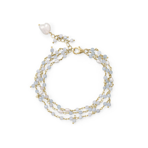 Aquamarine and Cultured Fresh Water Pearl Bracelet 14 Karat Gold Plated