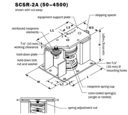 Vibro Acoustics SCSR-2A-100, 2 (50 mm) Deflection SCSR Seismic Restrained Spring Isolators (for Steel), 100 lbs rated load