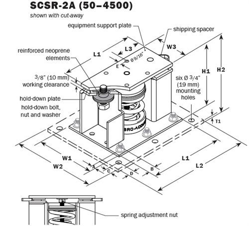 Vibro Acoustics SCSR-2A-2200, 2 (50 mm) Deflection SCSR Seismic Restrained Spring Isolators (for Concrete), 2200 lbs rated load