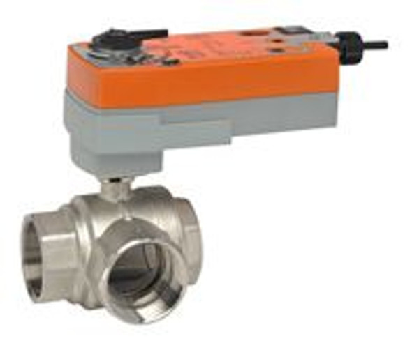 Belimo B340L+AFRX24-MFT, 1 1/2" 3W BV, L-valve, CV=57 with Spring Return,180 in-lb ,MFT, 24-240V