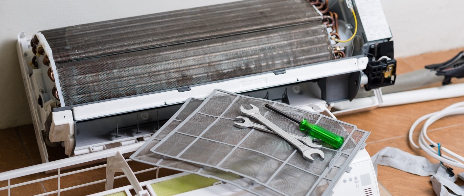 An AC unit disassembled