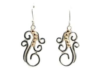 Peacock Earrings, Silver & 14K Gold
