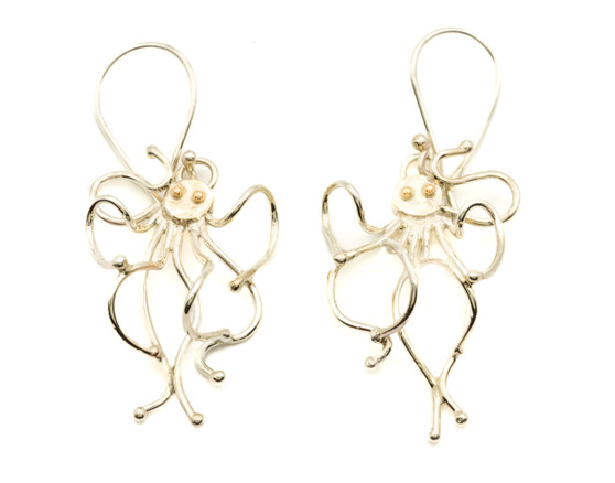 Octopus Earrings, Silver & 14K Gold Eyes  - French Wire