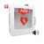 Premium Universal Alarmed AED Cabinet (W-PAC-W) - white exterior with AED branding, suitable for all major AED brands, includes audible alarm and strobe light, emergency response kit, CPR/AED wall sign, and AED guidelines poster. Cabinet dimensions 17.72" x 13.78" x 7.09".