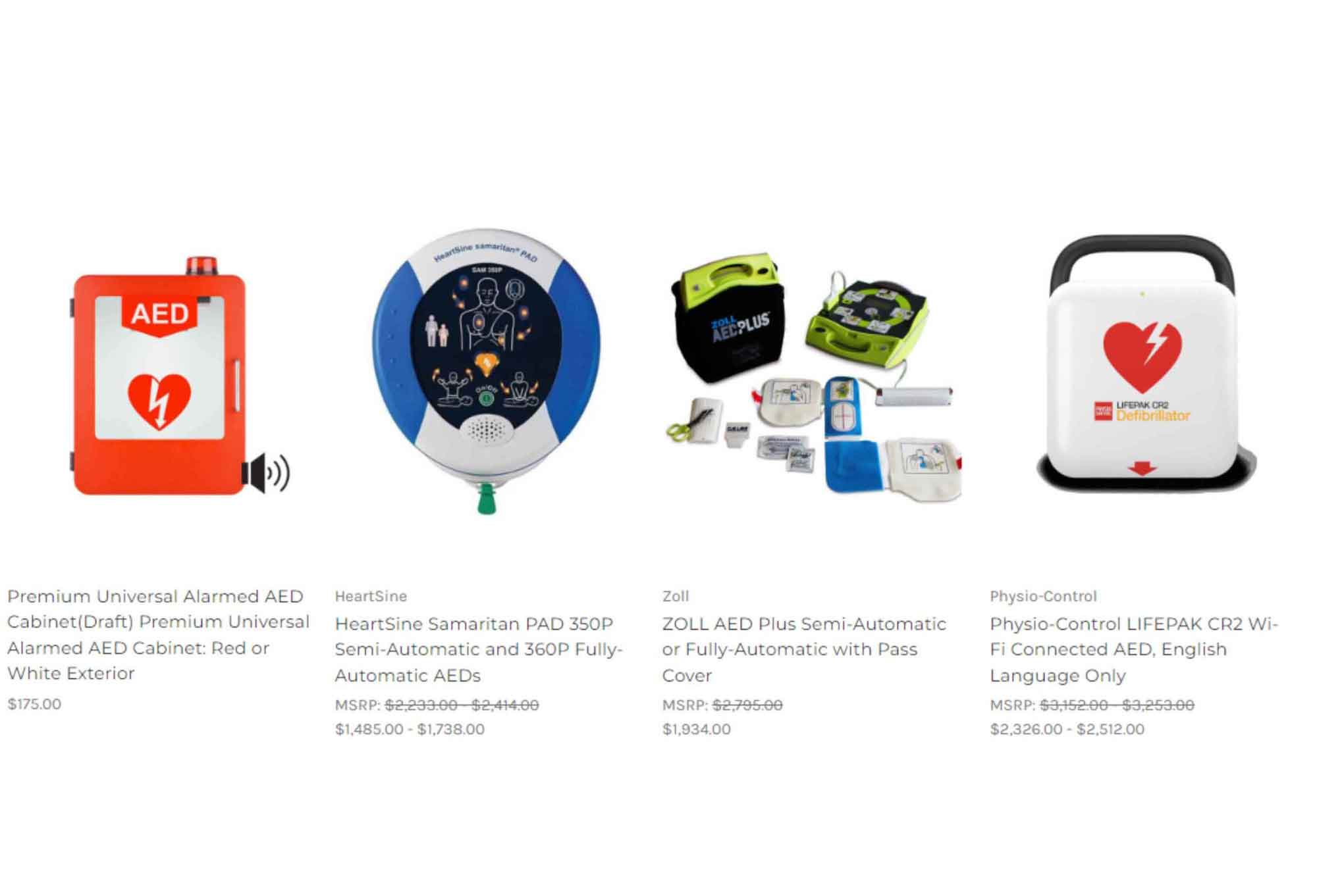 An image of a variety of Automatic External Defibrillators (AEDs) and an AED cabinet that AED Force provides.