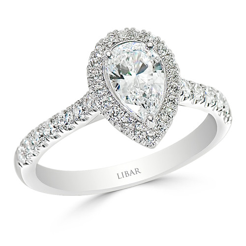 Ladies Pear Shaped Halo Pave Set Cathedral Engagement Ring