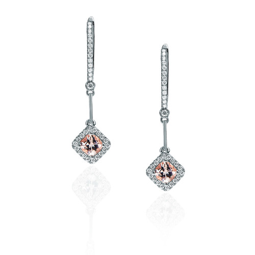 Morganite Cushion Halo French-Pave Set Dangling Diamond Earrings Morganite Cushion Halo French-Pave Set Dangling Diamond Earrings
