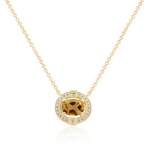Oval Halo Gemstone And Diamond Pave-Set Milgrain Ladies Pendant Oval Halo Gemstone And Diamond Pave-Set Milgrain Ladies Pendant