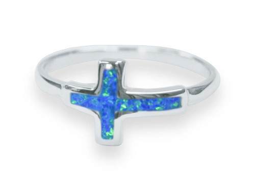 Sterling Silver Blue Opal Cross Ring