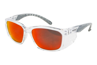 Rayzr Safety Glasses - Clear Frame - Red Mirror Polarised