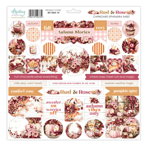 Mintay: 12X12 Chipboard Ephemera Sheet, Rust & Rose