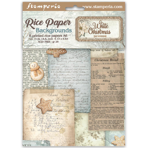 Stamperia: A6 Rice Paper Backgrounds Selection, White Christmas