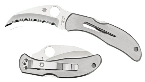 Spyderco C08S Harpy 2.75" Folding Hawkbill Serrated VG-10 SS Blade Stainless Steel Handle Includes Pocket Clip