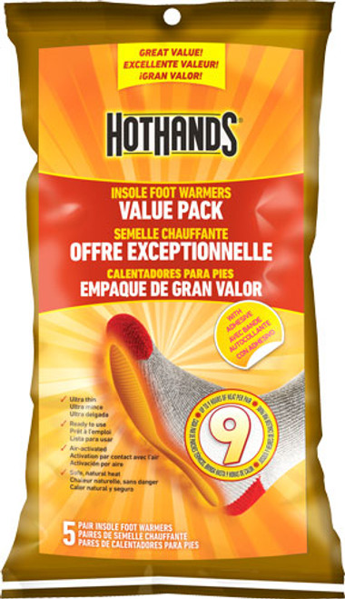 HOTHANDS INSOLE FOOT WARMER 5 PAIRS PER BAG 9 HOUR W/ADHSV