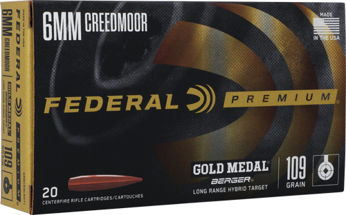 Federal 6mm Creedmoor GM6CRDLRHT1 Premium Gold Medal Berger Long Range Hybrid Target 109 Grain