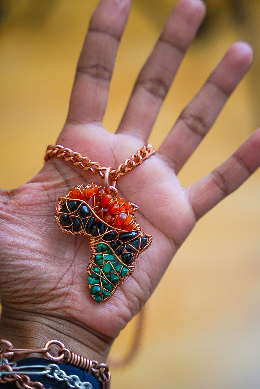 Handmade Jewelry Africa Pendant with Carnelian, Black Jasper and