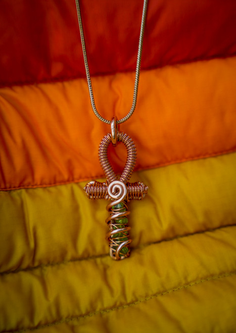 Authentic COPPER ANKH Necklace + Peridot Gemstone | Divinity. Increase, Prosperity, Stability, Solar Plexus, Heart Chakra. Sacred Balance of Masculine + Feminine.