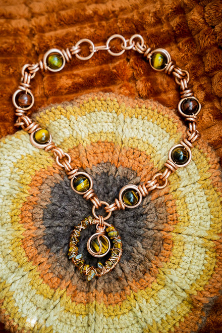 TIGER'S EYE CRYSTAL NECKLACE ~ HEAVY DUTY / THICK COPPER CHAIN! Wire Wrapped. Powerful Stone for Courage, Power, Integrity. Discernment, Vitality + Fairness. Solar Plexus, Root Chakra, Fire + Earth Elements | Grounding + Strength. 24 INCH CHAIN.