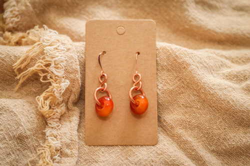 Copper + Carnelian Earrings, Stone that vitalized the body and helps the wearer obtain a greater power over their physical body and root chakra energy.