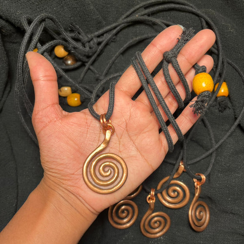 Copper Spiral Necklace, Black Rope - Adjustable Length , with Wooden Bead. Spiral of Life, Eternal Ancient Symbol.