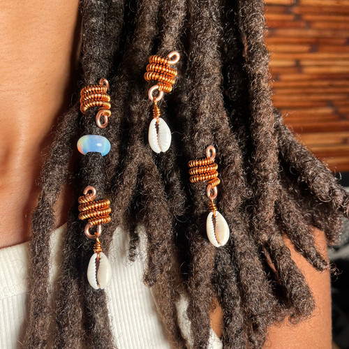 Copper Loc Jewelry, Copper Coils with Cowrie Shell. Set of 3. 100% Pure Copper, Handmade Jewels. Copper Spiral,  Hair jewelry. Protect Your Crown. 7mm Hole.